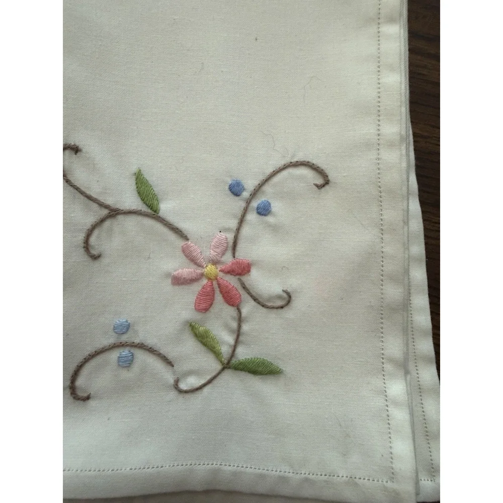 Vintage Embroidered Linen Napkins Set of 6 Floral Pink Blue Hemstitched 16x16